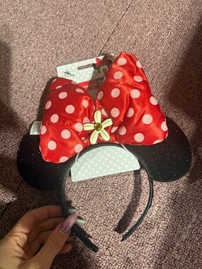Disney Red Polka Dot Bow Minnie Ear Headband with Flower Accent